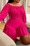 Rose Red Casual Solid Color Patchwork Off Shoulder Plus Size Two Pieces