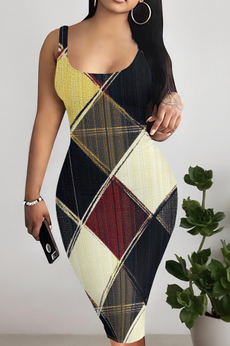 Grayish Yellow Casual Print Patchwork U Neck Wrapped Skirt Dresses