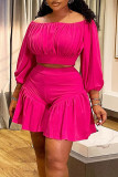 Rose Red Casual Solid Color Patchwork Off Shoulder Plus Size Two Pieces