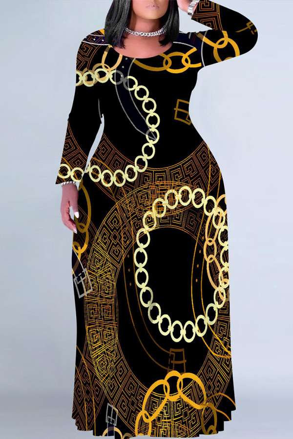Black Casual Chain print Contrast O Neck Printed Plus Size Dresses