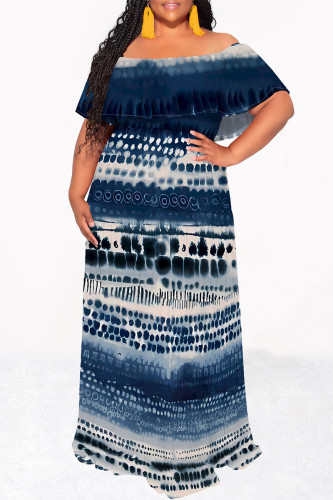 Blue Sexy Geometric Print Flowers Leopard Ruffle Contrast Off Shoulder Long Dresses