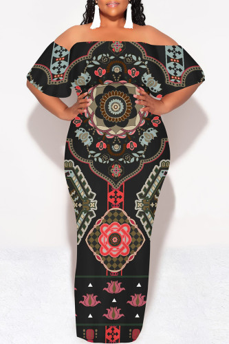 Black Street National Totem Print Ruffle Contrast Off Shoulder Long Dresses
