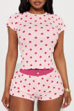 Pink Casual Heart Shaped Buttons Patchwork O Neck Short Sleeve Two Pieces