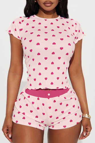 Pink Casual Heart Shaped Buttons Patchwork O Neck Short Sleeve Two Pieces