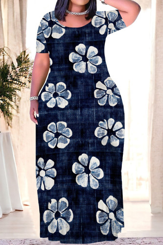 Blue White Casual Print Patchwork O Neck Long Plus Size Dresses