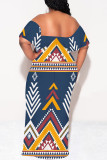 Tibetan Blue Street National Totem Print Ruffle Contrast Off Shoulder Long Dresses