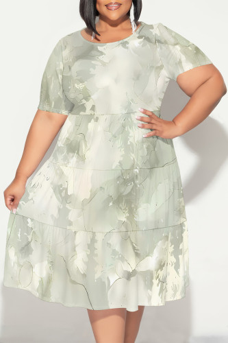 Light Green Casual Floral Print Polka Dot Stripe Ruffle Contrast O Neck Printed Plus Size Dresses