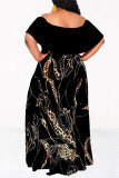 Black Sexy Geometric Print Flowers Leopard Ruffle Contrast Off Shoulder Long Dresses