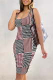 Black Sexy Plaid Floral Print Contrast U Neck Printed Dresses