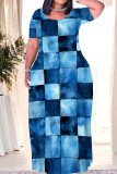 Sky Blue Casual Print Patchwork O Neck Long Plus Size Dresses