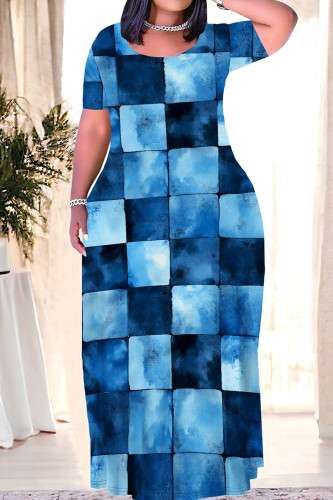 Sky Blue Casual Print Patchwork O Neck Long Plus Size Dresses
