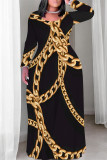 Black Casual Chain print Contrast O Neck Printed Plus Size Dresses
