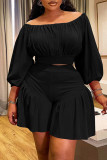 Rose Red Casual Solid Color Patchwork Off Shoulder Plus Size Two Pieces
