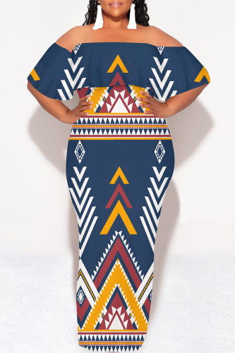 Deep Blue Street National Totem Print Ruffle Contrast Off Shoulder Long Dresses