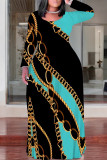 Black Casual Chain print Contrast O Neck Printed Plus Size Dresses