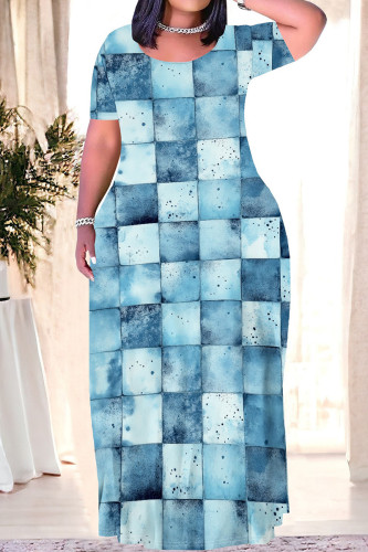 Baby Blue Casual Print Patchwork O Neck Long Plus Size Dresses