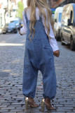 Blue Casual Solid Color Pocket Patchwork Loose Denim Jumpsuits