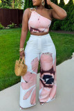 Orange Casual Street Daily Vacation Floral Print One Shoulder Sleeveless Two Pieces