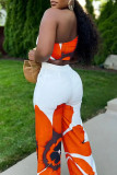 Orange Casual Street Daily Vacation Floral Print One Shoulder Sleeveless Two Pieces