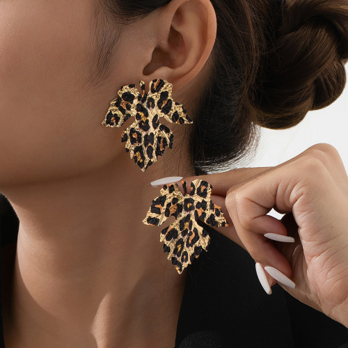 Leopard Print Daily Leaves Irregular Earrings