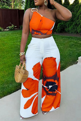 Orange Casual Street Daily Vacation Floral Print One Shoulder Sleeveless Two Pieces