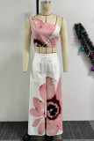 Orange Casual Street Daily Vacation Floral Print One Shoulder Sleeveless Two Pieces