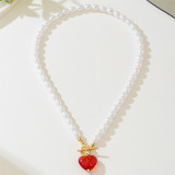 Red Daily Heart Shaped Pearls Decor Necklaces