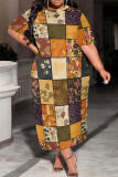 Orange Casual Print Patchwork O Neck Long Plus Size Dresses