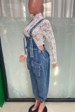 Blue Casual Solid Color Pocket Patchwork Loose Denim Jumpsuits