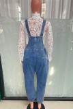 Blue Casual Solid Color Pocket Patchwork Loose Denim Jumpsuits