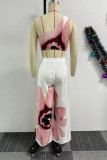 Orange Casual Street Daily Vacation Floral Print One Shoulder Sleeveless Two Pieces