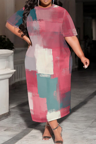 Deep Red Casual Print Patchwork O Neck Long Plus Size Dresses
