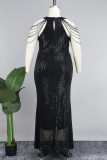 Green Sexy Formal Patchwork Sequins O Neck Long Dress Dresses