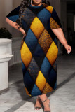Turquoise Casual Print Patchwork O Neck Long Plus Size Dresses
