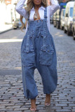 Blue Casual Solid Color Pocket Patchwork Loose Denim Jumpsuits