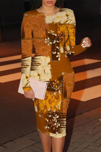 Light Brown Elegant Floral Print Contrast O Neck Printed Dresses