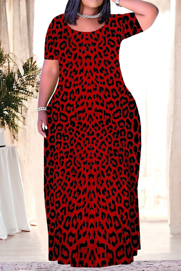 Burgundy Casual Leopard Print Tiger Stripes Pocket Contrast O Neck Printed Plus Size Dresses
