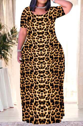 Tawny Casual Leopard Print Tiger Stripes Pocket Contrast O Neck Printed Plus Size Dresses