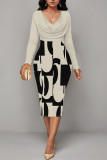 Light Beige Gray Casual Floral Print Ruched Contrast V Neck Printed Dresses