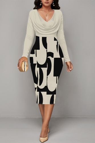Light Beige Gray Casual Floral Print Ruched Contrast V Neck Printed Dresses