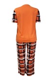 Deep Pink Casual Plaid Print See-Through O Neck Plus Size Two Pieces