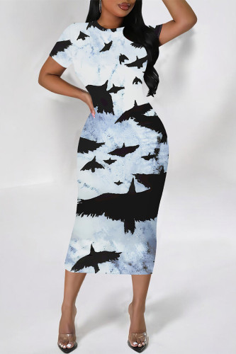 Gray Blue Elegant Floral Print Gradient Contrast O Neck Printed Short Sleeve Dress