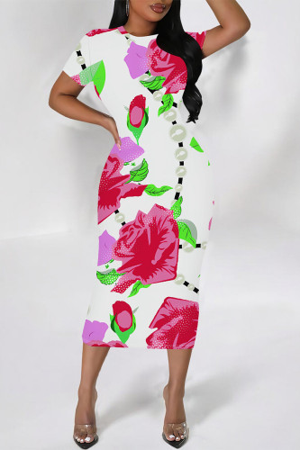 Fuchsia Elegant Floral Print Flowers Contrast O Neck Printed Short Sleeve Dress