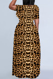 Burgundy Casual Leopard Print Tiger Stripes Pocket Contrast O Neck Printed Plus Size Dresses