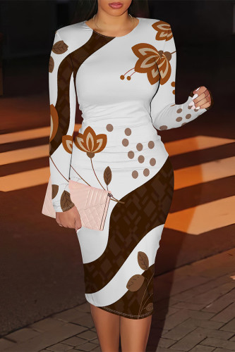 White Elegant Floral Print Contrast O Neck Printed Dresses