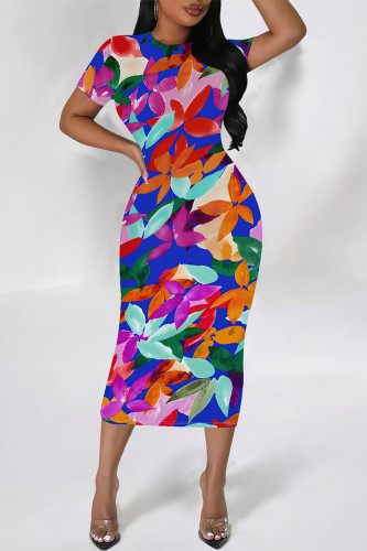 Deep Blue Elegant Floral Print Gradient Contrast O Neck Printed Short Sleeve Dress