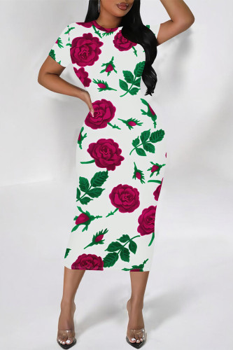White Red Elegant Floral Print Flowers Contrast O Neck Printed Short Sleeve Dress