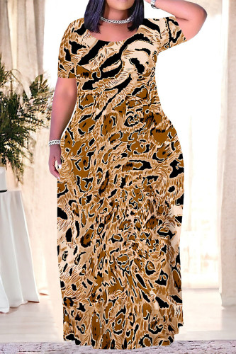 Yellow Casual Leopard Print Tiger Stripes Pocket Contrast O Neck Printed Plus Size Dresses