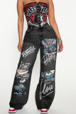 Black Gray Casual Print Ripped Pocket Patchwork Mid Waist Loose Denim Jeans