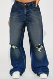 Dark Blue Casual Solid Color Ripped Pocket Mid Waist Loose Denim Jeans